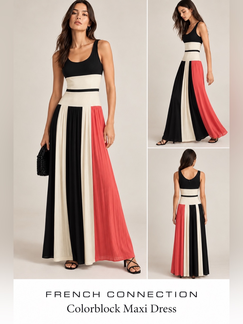 French Connection Black, Cream & Coral Colorblock Maxi Dress